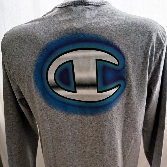 Rare Mint Champion Gray Long Sleeve Tee โ Airbrush Logo Front & Back โ Size L - Picture 2 of 9